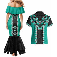 Teal Niho Taniwha Mix Poutama Couples Matching Mermaid Dress and Hawaiian Shirt Unique Taniko Aotearoa LT01 - Polynesian Pride