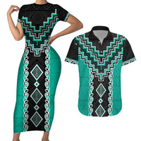 Teal Niho Taniwha Mix Poutama Couples Matching Short Sleeve Bodycon Dress and Hawaiian Shirt Unique Taniko Aotearoa LT01 Teal - Polynesian Pride