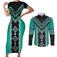 Teal Niho Taniwha Mix Poutama Couples Matching Short Sleeve Bodycon Dress and Long Sleeve Button Shirt Unique Taniko Aotearoa LT01 Teal - Polynesian Pride