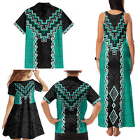Teal Niho Taniwha Mix Poutama Family Matching Tank Maxi Dress and Hawaiian Shirt Unique Taniko Aotearoa