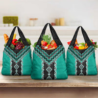 Teal Niho Taniwha Mix Poutama Grocery Bag Unique Taniko Aotearoa LT01 3-pack One Size Teal - Polynesian Pride
