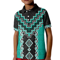 Teal Niho Taniwha Mix Poutama Kid Polo Shirt Unique Taniko Aotearoa LT01 Kid Teal - Polynesian Pride