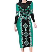 Teal Niho Taniwha Mix Poutama Long Sleeve Bodycon Dress Unique Taniko Aotearoa