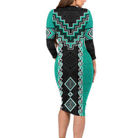 Teal Niho Taniwha Mix Poutama Long Sleeve Bodycon Dress Unique Taniko Aotearoa