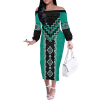 Teal Niho Taniwha Mix Poutama Off The Shoulder Long Sleeve Dress Unique Taniko Aotearoa