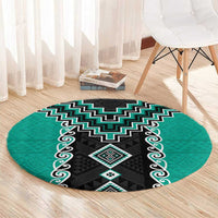 Teal Niho Taniwha Mix Poutama Round Carpet Unique Taniko Aotearoa