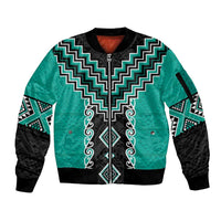 Teal Niho Taniwha Mix Poutama Sleeve Zip Bomber Jacket Unique Taniko Aotearoa