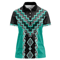 Teal Niho Taniwha Mix Poutama Women Polo Shirt Unique Taniko Aotearoa