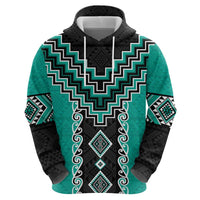 Teal Niho Taniwha Mix Poutama Zip Hoodie Unique Taniko Aotearoa