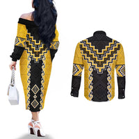 Yellow Niho Taniwha Mix Poutama Couples Matching Off The Shoulder Long Sleeve Dress and Long Sleeve Button Shirt Unique Taniko Aotearoa LT01 - Polynesian Pride