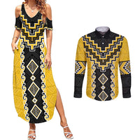 Yellow Niho Taniwha Mix Poutama Couples Matching Summer Maxi Dress and Long Sleeve Button Shirt Unique Taniko Aotearoa