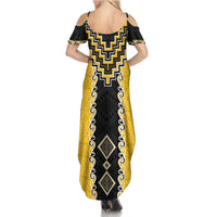 Yellow Niho Taniwha Mix Poutama Family Matching Summer Maxi Dress and Hawaiian Shirt Unique Taniko Aotearoa
