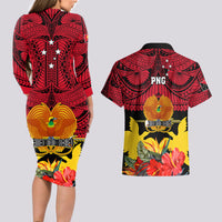 Papua New Guinea Couples Matching Long Sleeve Bodycon Dress and Hawaiian Shirt Bird Of Paradise Mix Polynesian Pattern LT01 - Polynesian Pride