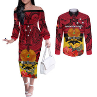 Papua New Guinea Couples Matching Off The Shoulder Long Sleeve Dress and Long Sleeve Button Shirts Bird Of Paradise Mix Polynesian Pattern LT01 Red - Polynesian Pride