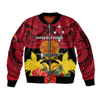 Papua New Guinea Sleeve Zip Bomber Jacket Bird Of Paradise Mix Polynesian Pattern LT01 Unisex Red - Polynesian Pride