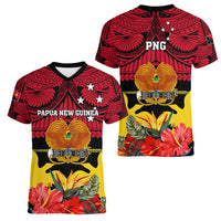 Papua New Guinea Women V Neck T Shirt Bird Of Paradise Mix Polynesian Pattern LT01 - Polynesian Pride