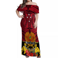 Personalised Papua New Guinea Off Shoulder Maxi Dress Bird Of Paradise Mix Polynesian Pattern LT01 Women Red - Polynesian Pride