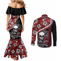 Hawaii Halloween Couples Matching Mermaid Dress and Long Sleeve Button Shirts Hibiscus Skull Kakau Pattern LT01 - Polynesian Pride