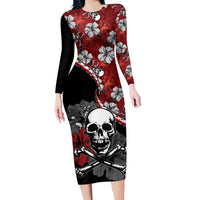 Hawaii Halloween Family Matching Long Sleeve Bodycon Dress and Hawaiian Shirt Hibiscus Skull Kakau Pattern LT01 Mom's Dress Red - Polynesian Pride