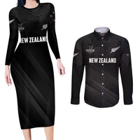 Custom New Zealand Cricket Couples Matching Long Sleeve Bodycon Dress and Long Sleeve Button Shirt Aotearoa Black Cap Come On LT01 Black - Polynesian Pride