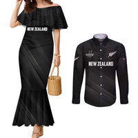 Custom New Zealand Cricket Couples Matching Mermaid Dress and Long Sleeve Button Shirt Aotearoa Black Cap Come On LT01 Black - Polynesian Pride