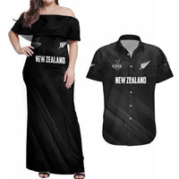 Custom New Zealand Cricket Couples Matching Off Shoulder Maxi Dress and Hawaiian Shirt Aotearoa Black Cap Come On LT01 Black - Polynesian Pride