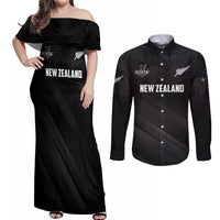 Custom New Zealand Cricket Couples Matching Off Shoulder Maxi Dress and Long Sleeve Button Shirt Aotearoa Black Cap Come On LT01 Black - Polynesian Pride
