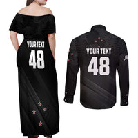 Custom New Zealand Cricket Couples Matching Off Shoulder Maxi Dress and Long Sleeve Button Shirt Aotearoa Black Cap Come On LT01 - Polynesian Pride