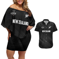 Custom New Zealand Cricket Couples Matching Off Shoulder Short Dress and Hawaiian Shirt Aotearoa Black Cap Come On LT01 Black - Polynesian Pride