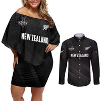 Custom New Zealand Cricket Couples Matching Off Shoulder Short Dress and Long Sleeve Button Shirt Aotearoa Black Cap Come On LT01 Black - Polynesian Pride