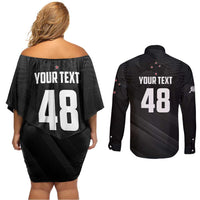 Custom New Zealand Cricket Couples Matching Off Shoulder Short Dress and Long Sleeve Button Shirt Aotearoa Black Cap Come On LT01 - Polynesian Pride