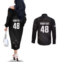 Custom New Zealand Cricket Couples Matching Off The Shoulder Long Sleeve Dress and Long Sleeve Button Shirt Aotearoa Black Cap Come On LT01 - Polynesian Pride