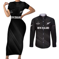 Custom New Zealand Cricket Couples Matching Short Sleeve Bodycon Dress and Long Sleeve Button Shirt Aotearoa Black Cap Come On LT01 Black - Polynesian Pride