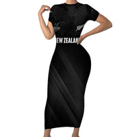 Custom New Zealand Cricket Family Matching Short Sleeve Bodycon Dress and Hawaiian Shirt Aotearoa Black Cap Come On LT01 Mom's Dress Black - Polynesian Pride
