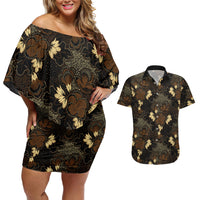 Javanese Batik Semen Couples Matching Off Shoulder Short Dress and Hawaiian Shirt Indonesian Traditional Pattern