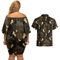 Javanese Batik Semen Couples Matching Off Shoulder Short Dress and Hawaiian Shirt Indonesian Traditional Pattern