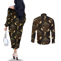 Javanese Batik Semen Couples Matching Off The Shoulder Long Sleeve Dress and Long Sleeve Button Shirt Indonesian Traditional Pattern
