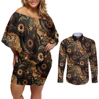 Batik Pedalaman Semen Lereng Style Couples Matching Off Shoulder Short Dress and Long Sleeve Button Shirt Indonesian Traditional Pattern LT01 Black - Polynesian Pride