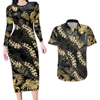 Gold Tropical Leaves Hawaii Mikioi Lei Couples Matching Long Sleeve Bodycon Dress and Hawaiian Shirt Luxury Stylized - Polynesian Pride
