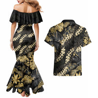 Gold Tropical Leaves Hawaii Mikioi Lei Couples Matching Mermaid Dress and Hawaiian Shirt Luxury Stylized - Polynesian Pride