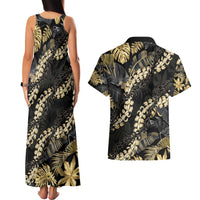 Gold Tropical Leaves Hawaii Mikioi Lei Couples Matching Tank Maxi Dress and Hawaiian Shirt Luxury Stylized - Polynesian Pride