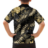 Gold Tropical Leaves Hawaii Mikioi Lei Family Matching Off The Shoulder Long Sleeve Dress and Hawaiian Shirt Luxury Stylized - Polynesian Pride