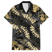 Gold Tropical Leaves Hawaii Mikioi Lei Family Matching Off The Shoulder Long Sleeve Dress and Hawaiian Shirt Luxury Stylized - Polynesian Pride