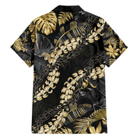 Gold Tropical Leaves Hawaii Mikioi Lei Family Matching Off The Shoulder Long Sleeve Dress and Hawaiian Shirt Luxury Stylized - Polynesian Pride