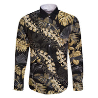 Gold Tropical Leaves Hawaii Mikioi Lei Family Matching Off The Shoulder Long Sleeve Dress and Hawaiian Shirt Luxury Stylized - Polynesian Pride