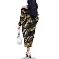 Gold Tropical Leaves Hawaii Mikioi Lei Family Matching Off The Shoulder Long Sleeve Dress and Hawaiian Shirt Luxury Stylized - Polynesian Pride