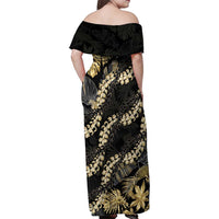 Gold Tropical Leaves Hawaii Mikioi Lei Family Matching Off Shoulder Maxi Dress and Hawaiian Shirt Luxury Stylized - Polynesian Pride