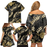 Gold Tropical Leaves Hawaii Mikioi Lei Family Matching Off Shoulder Short Dress and Hawaiian Shirt Luxury Stylized - Polynesian Pride