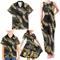 Gold Tropical Leaves Hawaii Mikioi Lei Family Matching Tank Maxi Dress and Hawaiian Shirt Luxury Stylized - Polynesian Pride