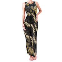 Gold Tropical Leaves Hawaii Mikioi Lei Family Matching Tank Maxi Dress and Hawaiian Shirt Luxury Stylized - Polynesian Pride